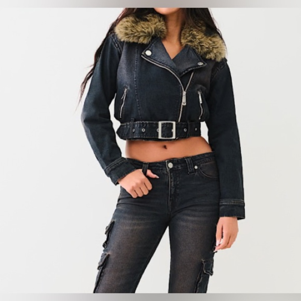 Women's True Religion black denim moto jacket with removable fur trimming